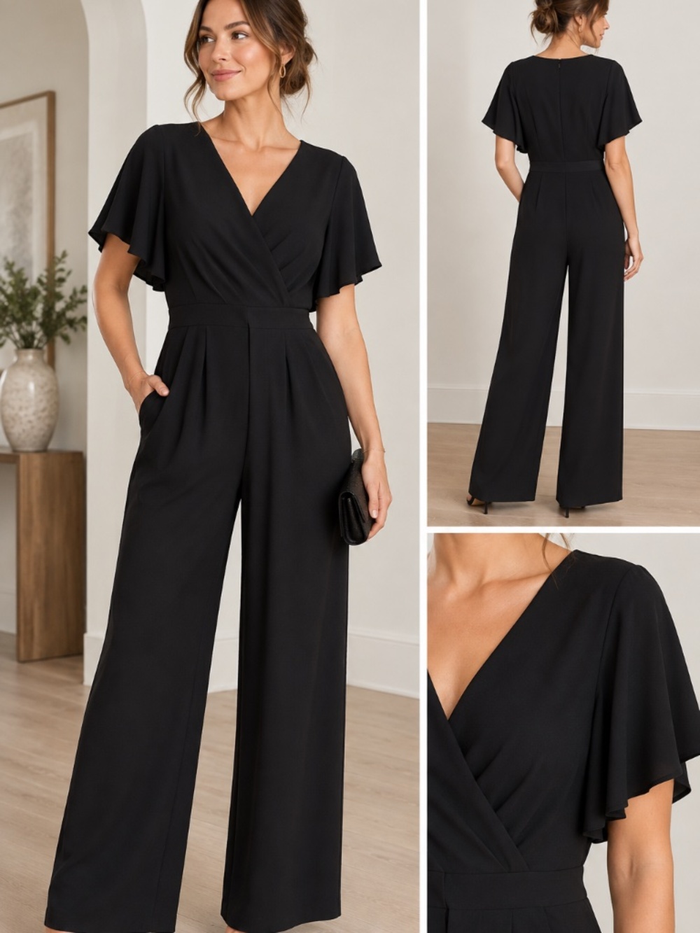 LOFT NWT 6 Black Wide Leg Jumpsuit Flutter Sleeve Work Cocktail Wedding Guest S